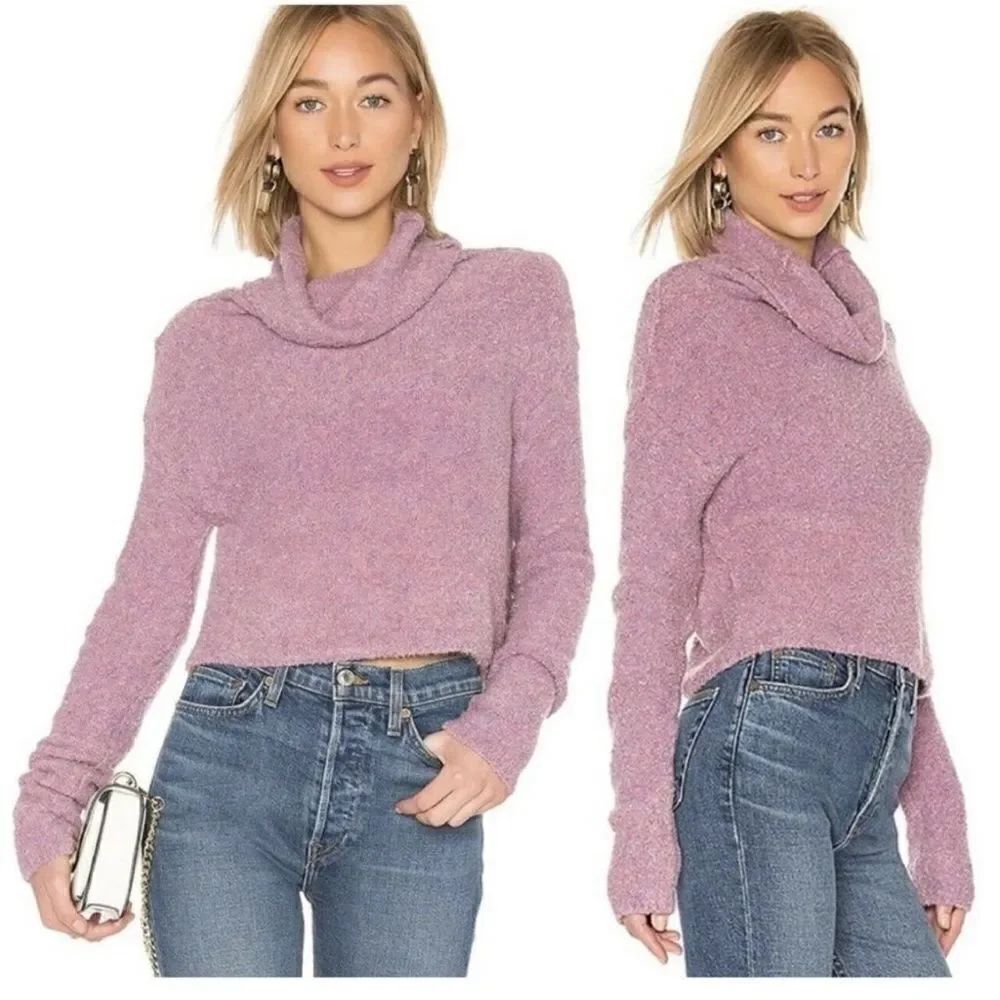Free People Stormy Pullover Sweater Pink Purple S Cowl Neck Boucle Teddy Crop